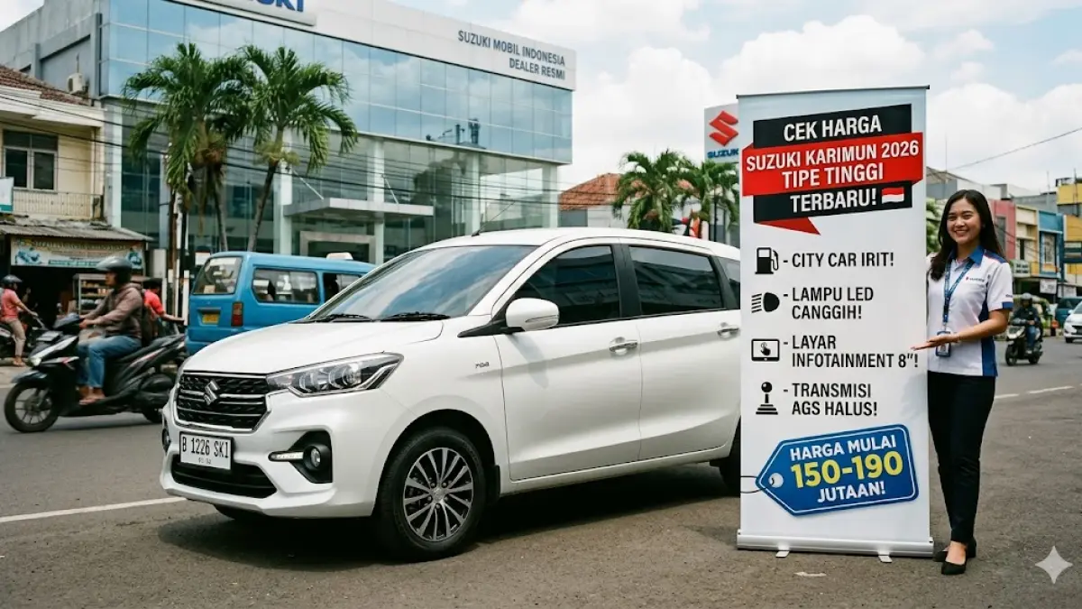 Bocoran Harga Suzuki Karimun 2026 tipe tinggi Indonesia. Intip fitur canggih, mesin 1.0L irit BBM, dan kabin lega. Pilihan mobil pertama paling pas! (gemini ai)