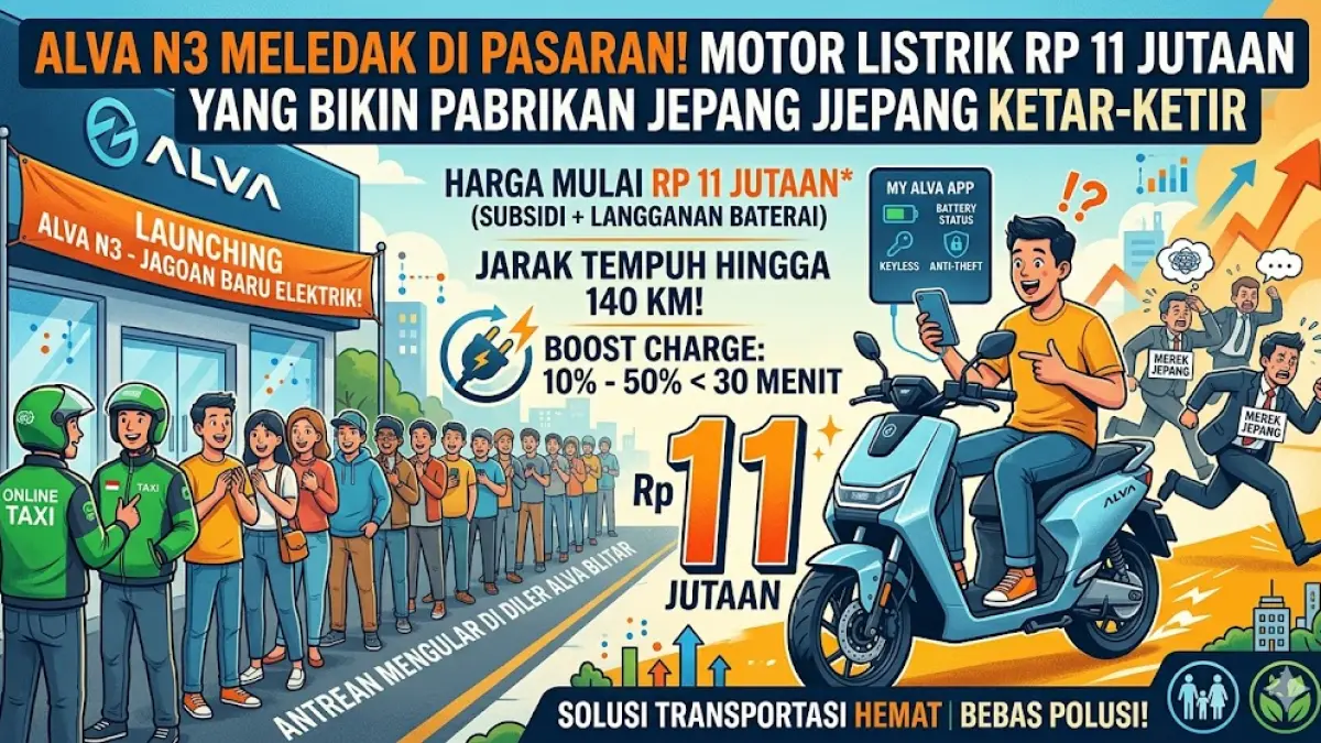 Alva N3 motor listrik murah harga 11 jutaan dengan jarak tempuh 140 km dan fitur boost charge. Solusi hemat operasional 50% dari motor bensin!