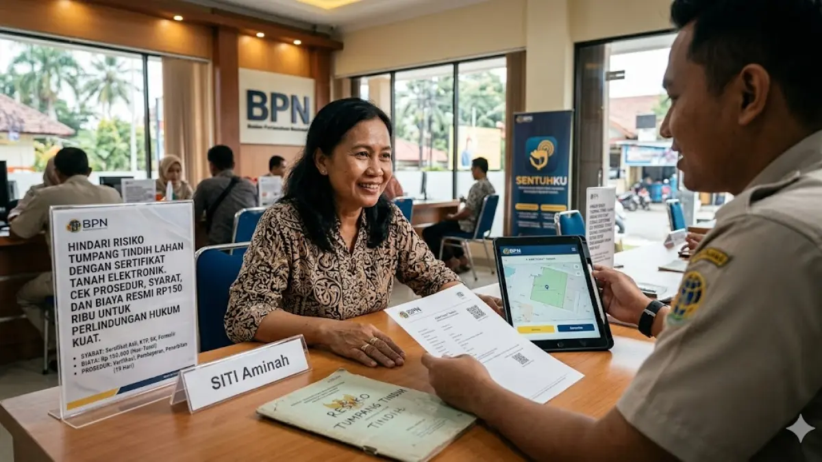Hindari risiko tumpang tindih lahan dengan sertifikat tanah elektronik. Cek prosedur, syarat, dan biaya resmi Rp150 ribu untuk perlindungan hukum kuat. (gemini ai)
