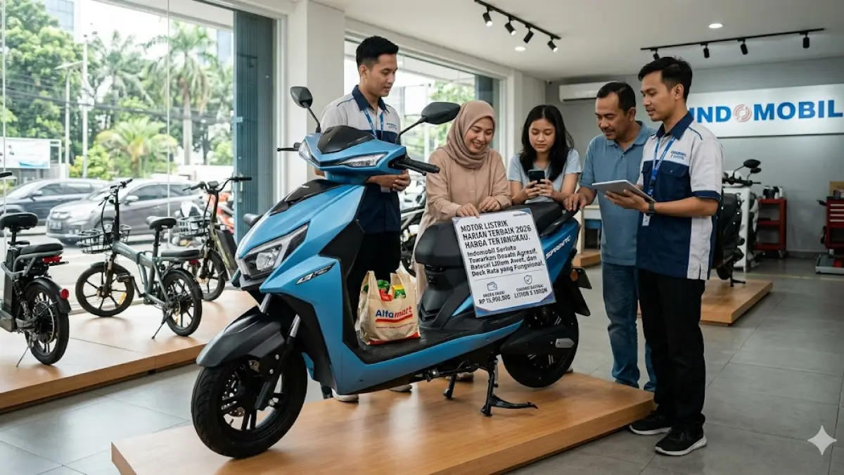 Kamu adalah fotografer handal, buatin gambar Motor listrik harian terbaik 2026 harga terjangkau. Indomobil Sprinto tawarkan desain agresif, baterai litium awet, dan deck rata yang fungsional. (gemini ai)