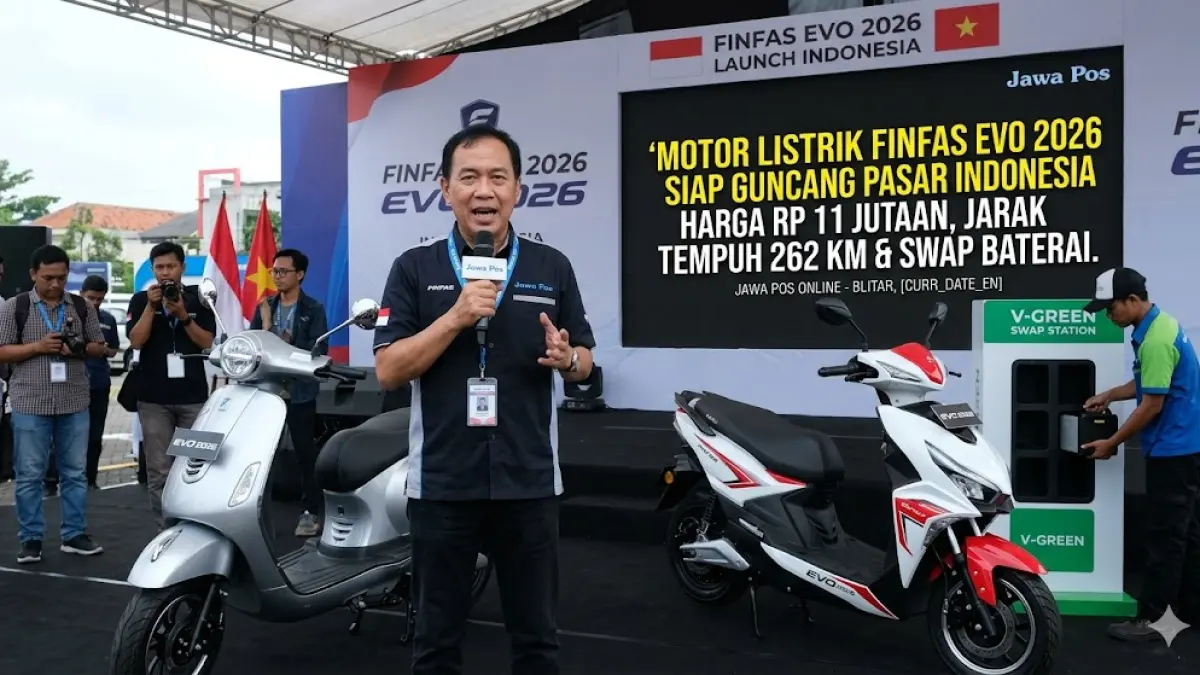 Motor listrik Finfas Evo 2026 harga Rp 11 jutaan dengan jarak 262 km siap rilis! Cek spesifikasi canggih dan fitur swap baterainya di sini.