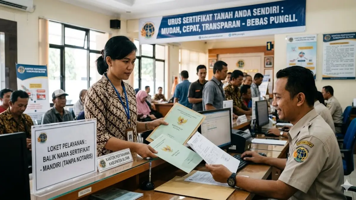Panduan cara balik nama sertifikat tanah di Blitar tanpa notaris. Simak syarat, alur BPN, dan rumus biaya PNBP agar lebih hemat dan aman! (Gemini AI)