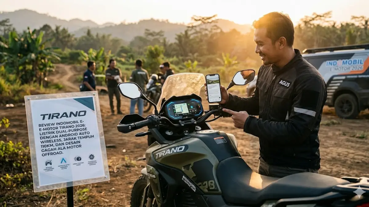 Review Indomobil E-Motor Tirano 2026: Motor listrik dual-purpose dengan Android Auto wireless, jarak tempuh 110km, dan desain gagah ala motor offroad. (gemini ai)