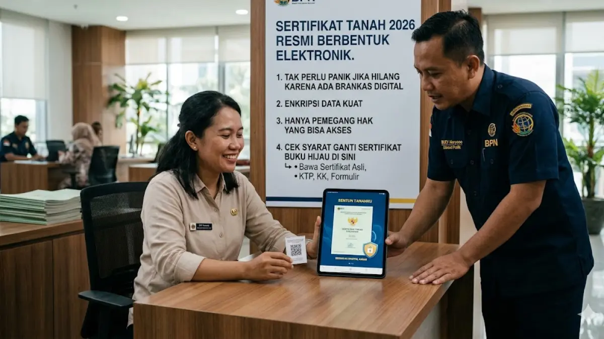 Sertifikat tanah 2026 resmi berbentuk elektronik. Tak perlu panik jika hilang karena ada brankas digital. Cek syarat ganti sertifikat buku hijau di sini. (gemini ai)