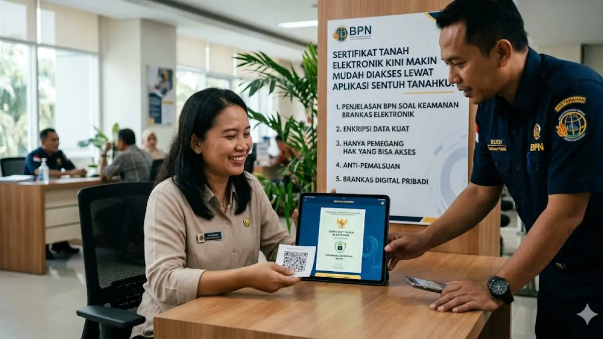 Sertifikat tanah elektronik kini makin mudah diakses lewat aplikasi Sentuh Tanahku. Simak penjelasan BPN soal keamanan brankas elektronik di sini. (gemini ai)
