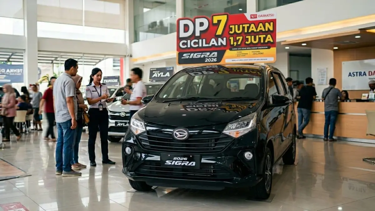 DP Daihatsu Sigra 2026 mulai Rp7 jutaan! Cicilan Rp1,7 juta, diskon besar dan bonus umrah, kesempatan emas punya mobil murah.
