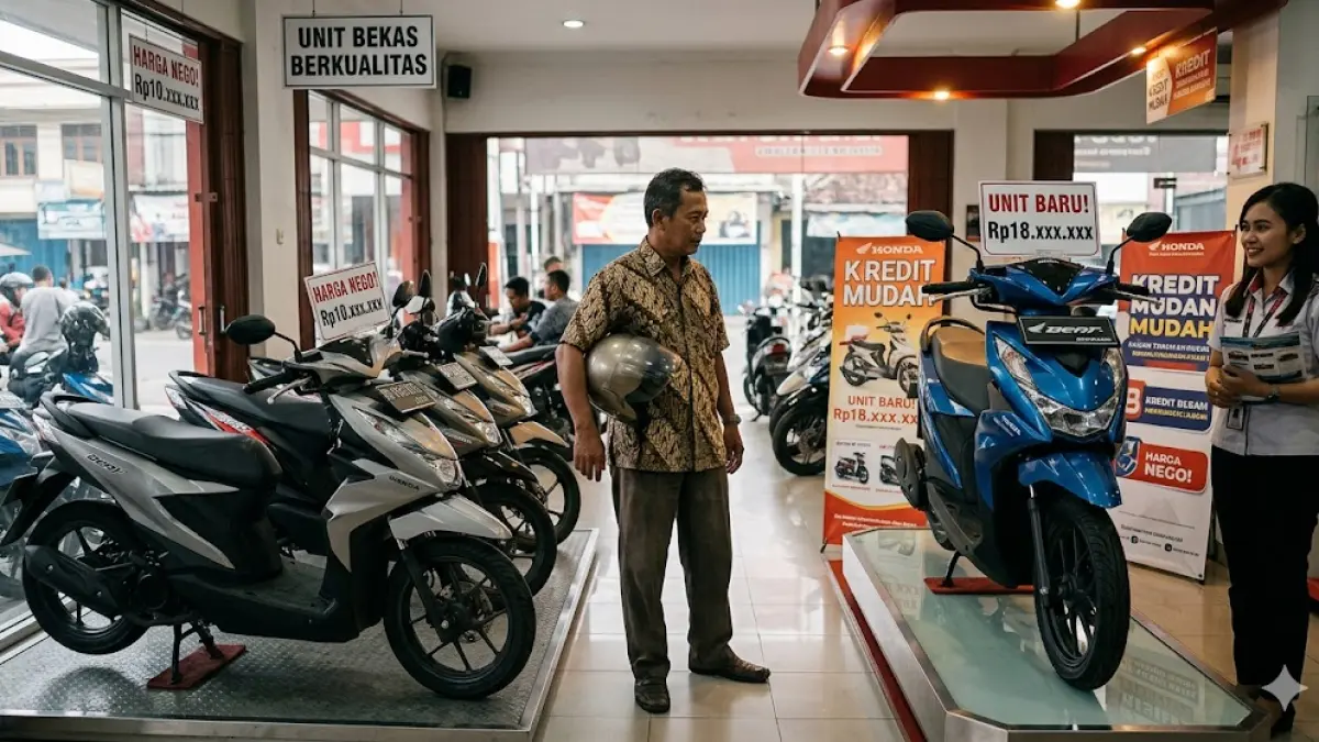 Mending beli motor bekas atau baru? Simak perbandingan harga, risiko kredit, dan tips hemat beli motor agar keuangan tetap aman dan tidak nyesek! (Gemini AI)