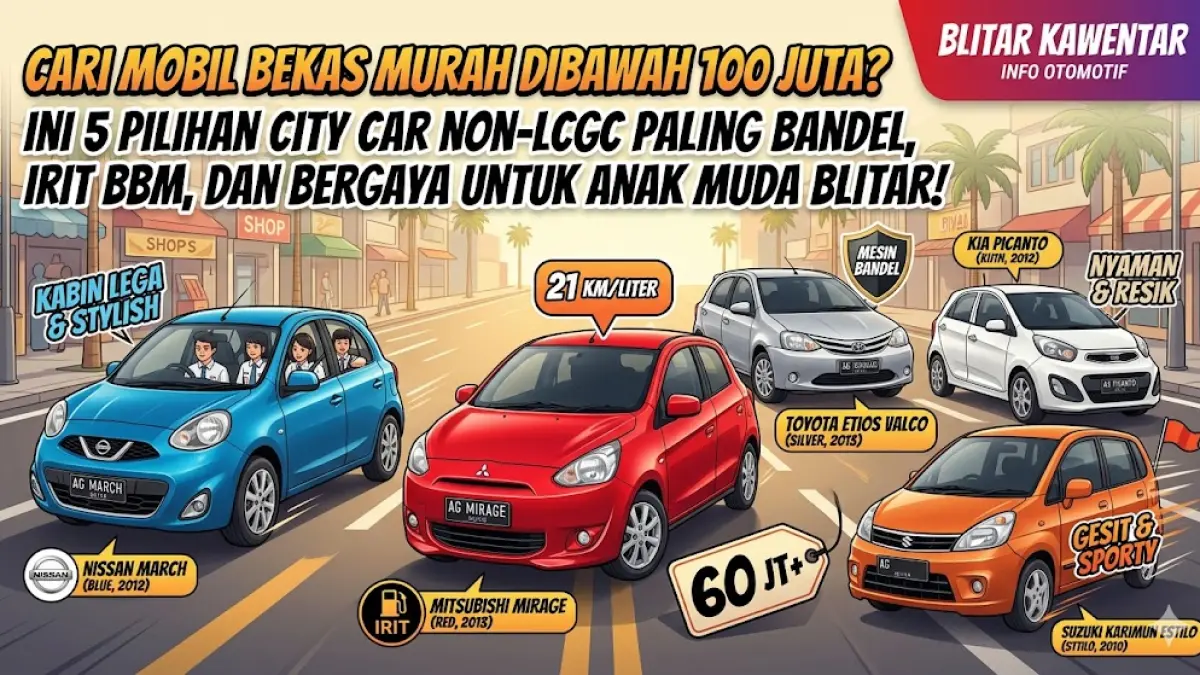 Cari mobil bekas murah dibawah 100 juta? Cek 5 rekomendasi city car bandel, irit BBM, dan stylish. Pas buat mahasiswa Blitar! Simak yuk! (Gemini AI)
