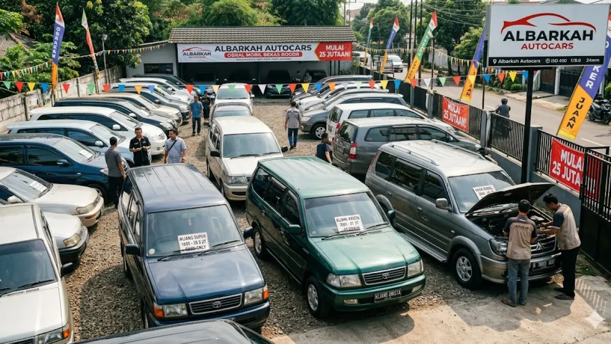 Cek harga mobil bekas murah Bogor di Albarkah Autocars! Kijang Krista, Kuda Diesel, hingga Esteem mulai 25 jutaan. Unit siap pakai luar kota! (Gemini AI)