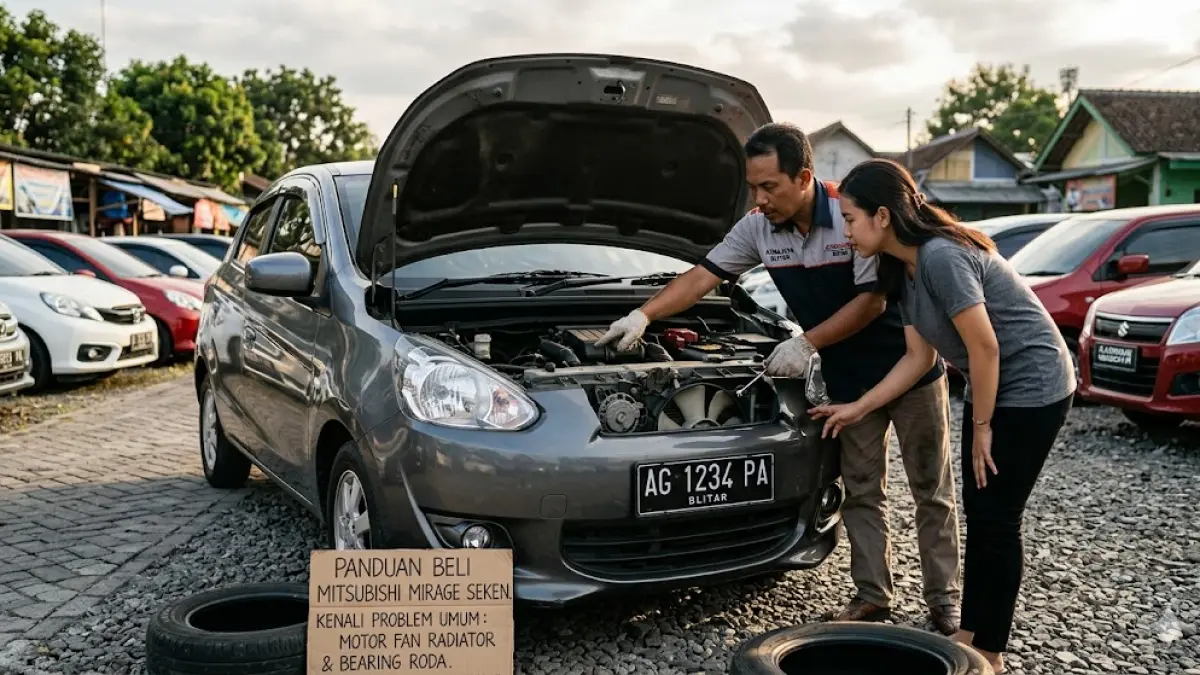 Panduan beli Mitsubishi Mirage seken. Kenali problem umum pada motor fan radiator dan bearing roda agar tidak salah pilih unit. Simak di sini! (gemini ai)
