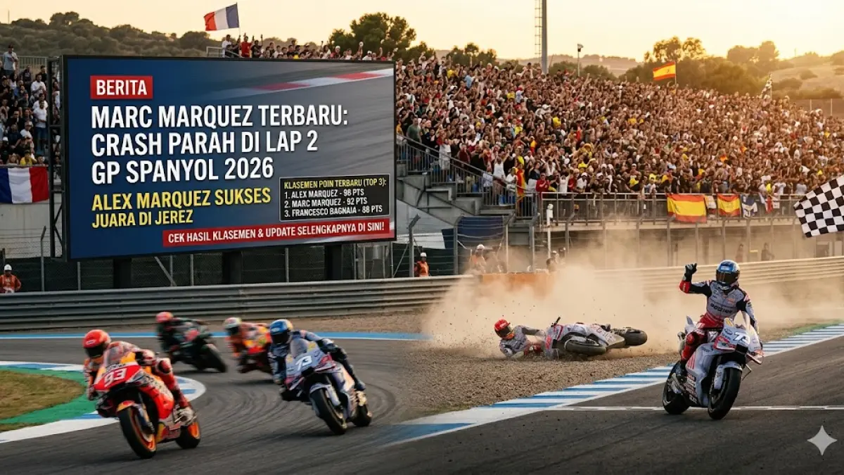Berita Marc Marquez terbaru: Alami crash parah di lap 2 MotoGP Spanyol 2026. Alex Marquez sukses juara di Jerez. Cek hasil klasemen & update selengkapnya! (gemini ai)