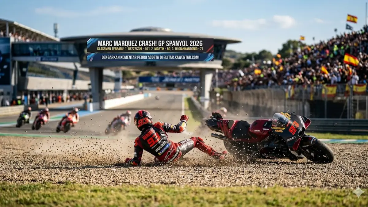 Cek info Marc Marquez terbaru pasca crash di MotoGP Spanyol 2026. Simak komentar Pedro Acosta soal fisik Marquez dan klasemen poin terbaru di sini! (gemini ai)