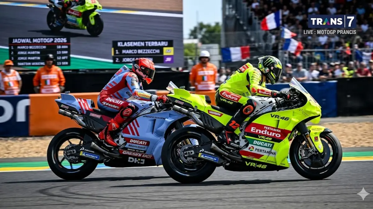 Cek jadwal MotoGP 2026 seri Prancis, Catalunya, hingga Italia. Pantau jam tayang live Trans 7 dan posisi klasemen terbaru Marco Bezzecchi di sini! (gemini ai)