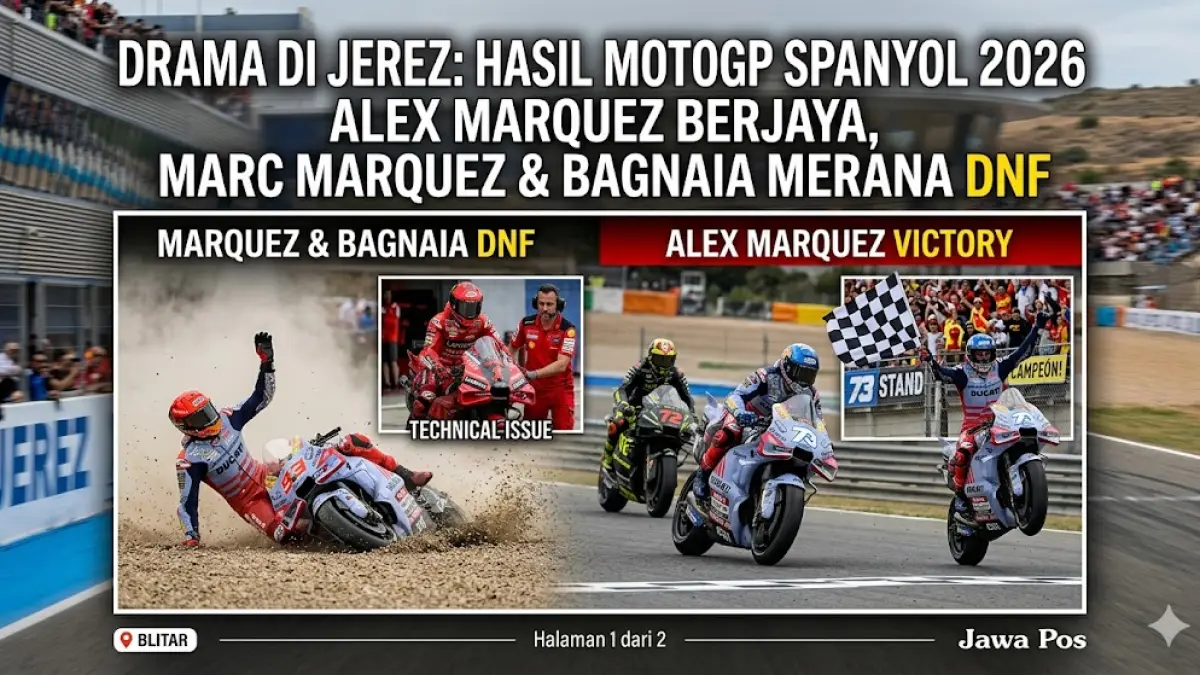 Drama MotoGP Spanyol 2026! Alex Marquez raih kemenangan gemilang saat Marc Marquez dan Pecco Bagnaia alami nasib sial DNF di Sirkuit Jerez. (Gemini AI)