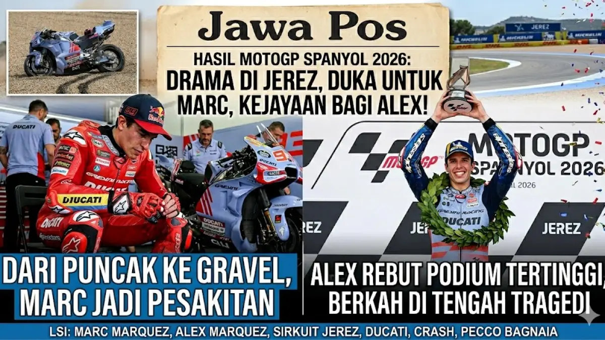 Hasil MotoGP Spanyol 2026: Marc Marquez tampil dominan dan rebut podium tertinggi di Jerez. Simak aksi gemilang sang juara yang tak terhentikan! (Gemini AI)
