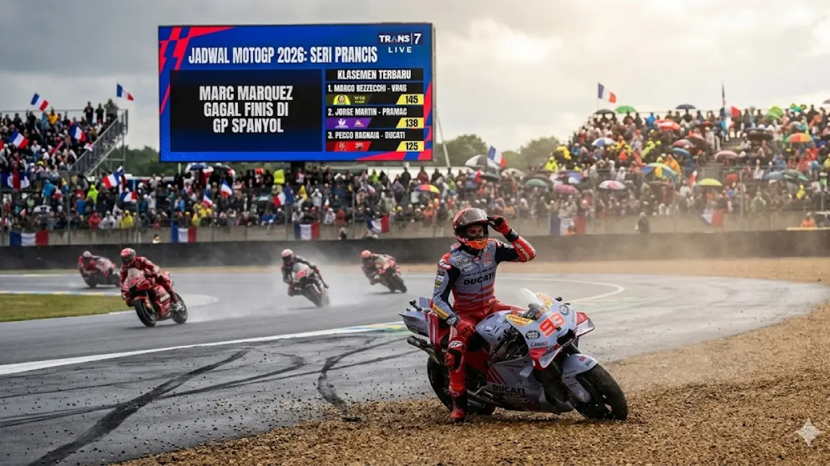 Jadwal MotoGP 2026 Prancis: Marc Marquez gagal finis di Spanyol, cek jam tayang live Trans 7 dan klasemen terbaru Marco Bezzecchi di sini! (gemini ai)