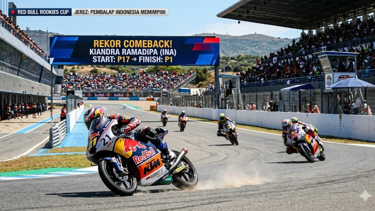 Kiandra Ramadipa guncang dunia! Start dari posisi 17, ia sukses raih podium 1 di Red Bull Rookies Cup Jerez. Simak aksi epik pembalap Indonesia ini. (Gemini AI)