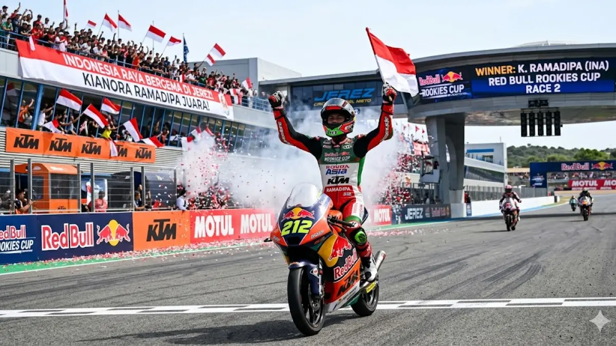 Kiandra Ramadipa juara di Jerez & Veda Ega Pratama puncaki Rookie of the Year Moto3! Simak aksi gila pembalap Indonesia di sirkuit Spanyol.