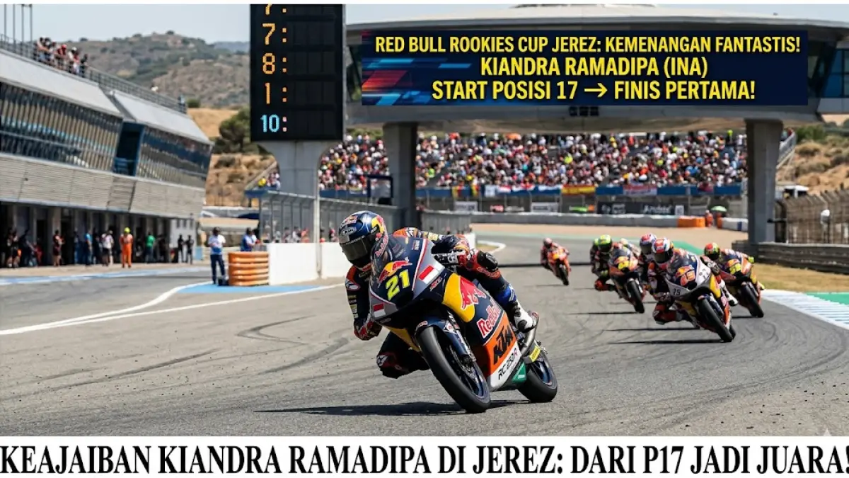 Kiandra Ramadipa juara Red Bull Rookies Cup Jerez! Start P17 hingga finis P1, pembalap Indonesia ini guncang dunia balap internasional. Simak! (Gemini AI)