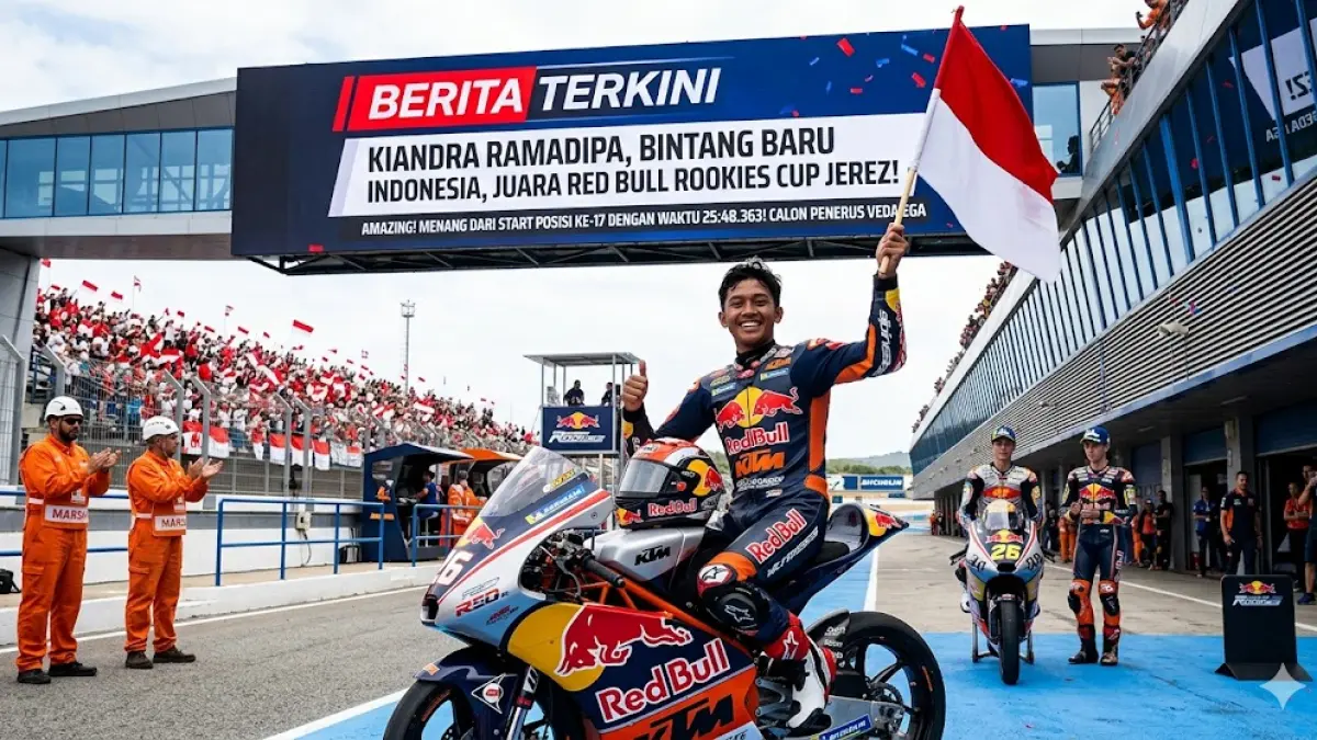 Luar biasa! Kiandra Ramadipa Juara Red Bull Rookies Cup 2026 seri Spanyol. Start posisi 17 langsung finis pertama. Simak aksi heroiknya! (Gemini AI)