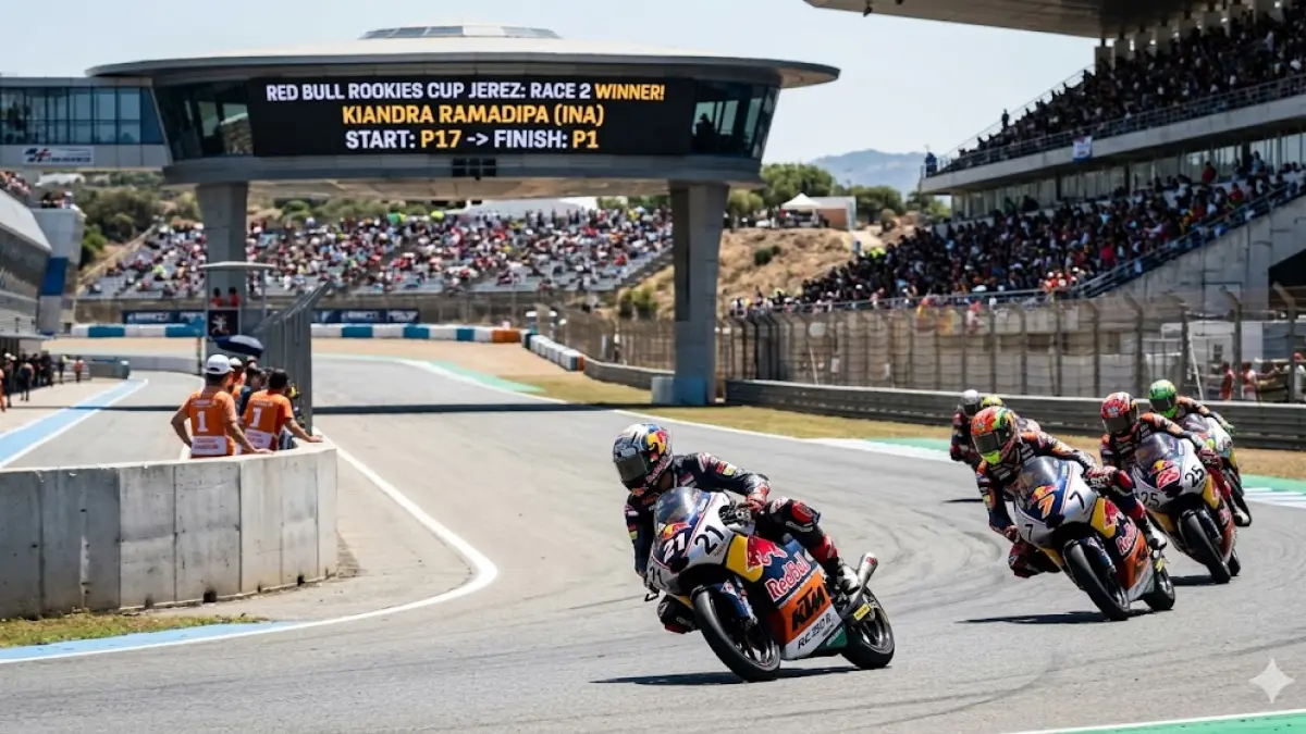 Luar biasa! Kiandra Ramadipa Red Bull Rookies Cup raih juara di Jerez meski start P17. Simak aksi comeback gila pembalap Indonesia ini sekarang! (Gemini AI)