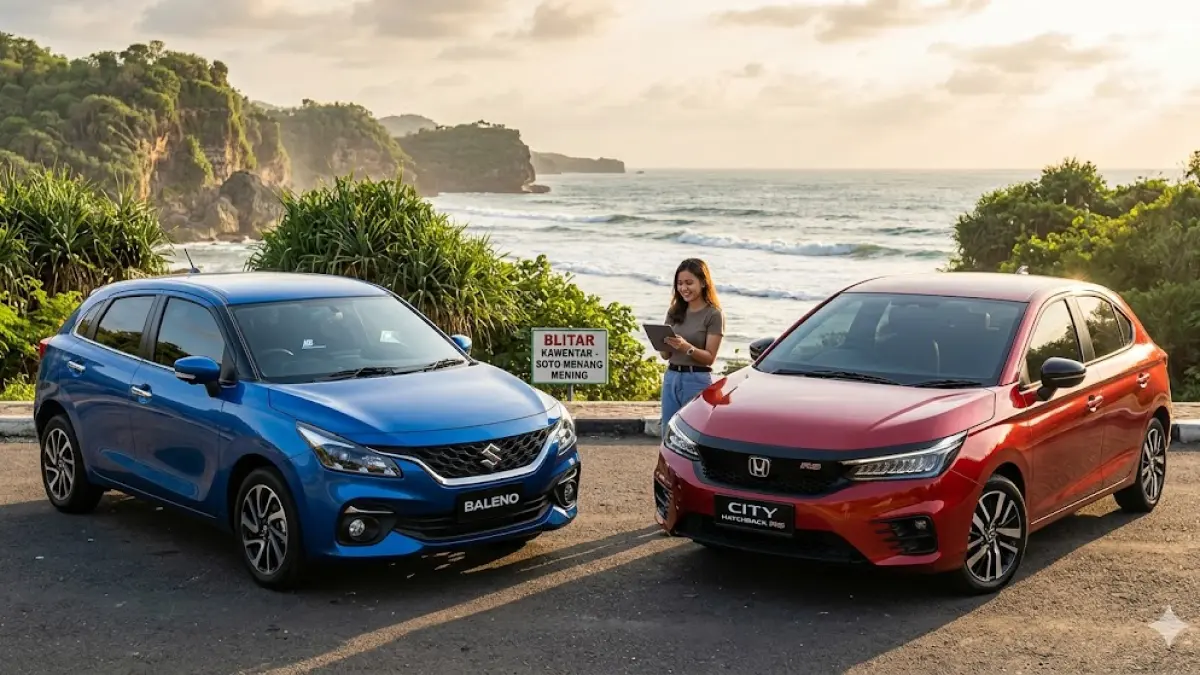 Bingung pilih Suzuki Baleno atau Honda City Hatchback? Simak perbandingan harga, fitur HUD, dan konsumsi BBM untuk cari hatchback paling menguntungkan! (Gemini AI)
