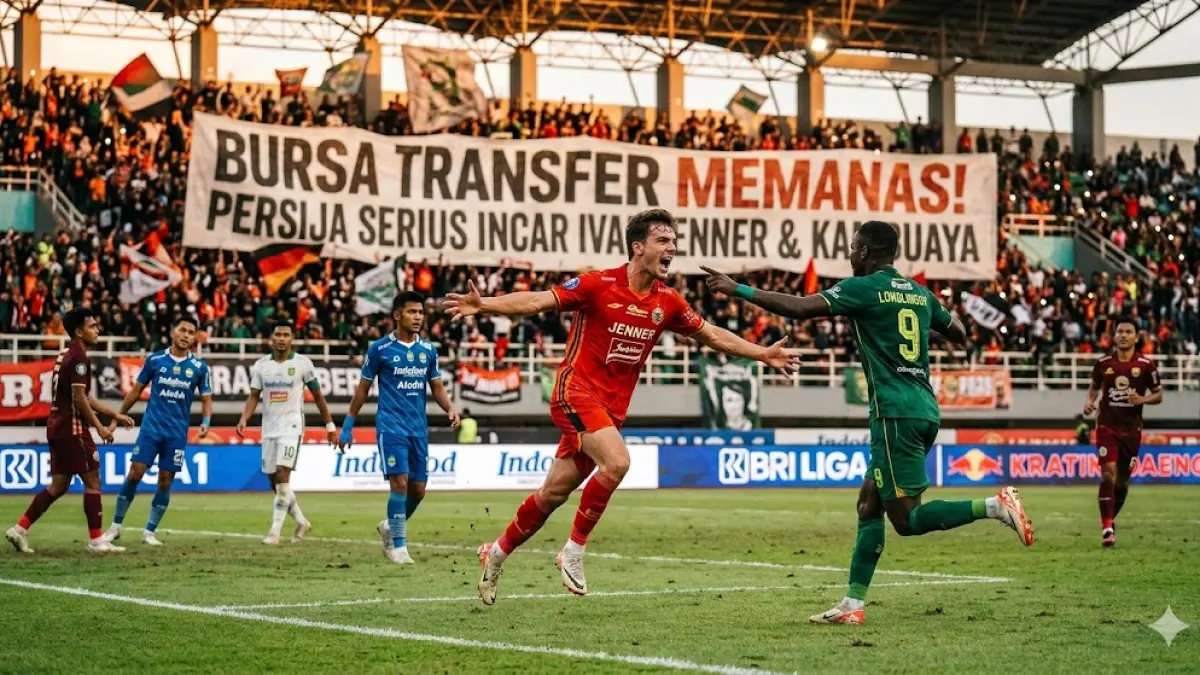Cek update panas bursa transfer BRI Liga 1 2025/2026! Persija incar Ivar Jenner, Persebaya bidik striker Australia, hingga rombakan Arema FC. (Gemini AI)