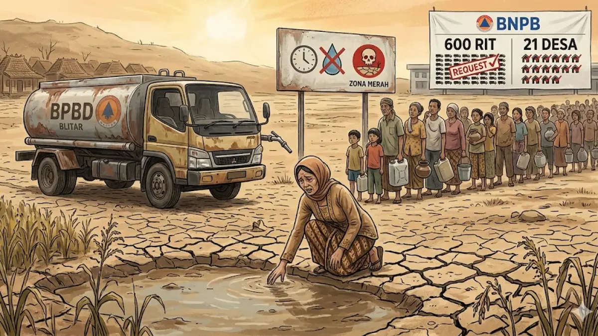 Stok Air Tak Cukup Tangani Kemarau Panjang - Ajukan Tambahan ke BNPB 600 rit, 21 Desa Masuk Zona Merah (ilustrasi by gemini ai)