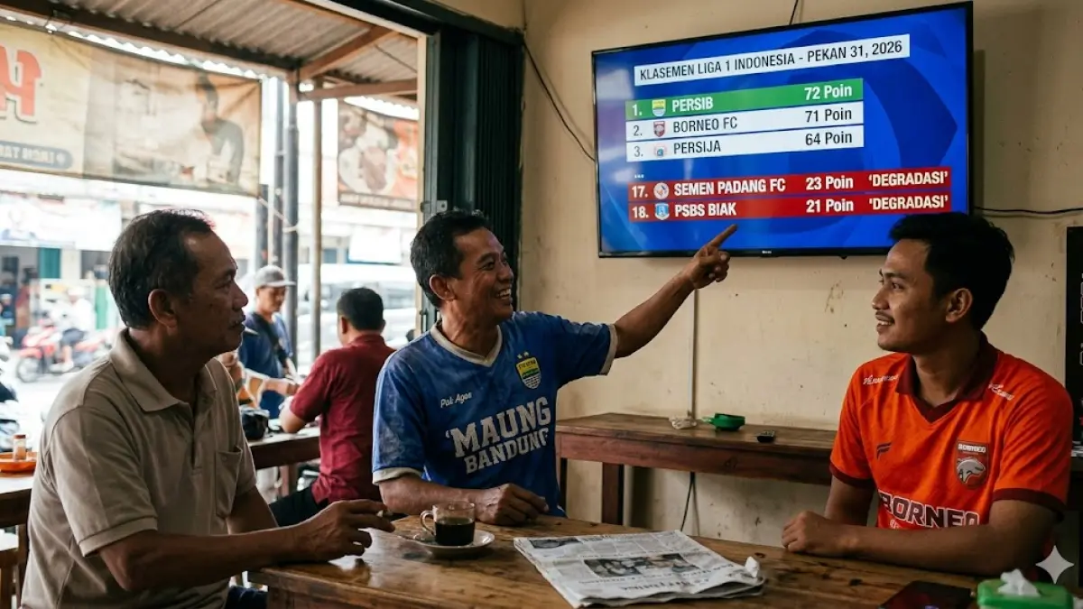 Update klasemen Liga 1 2026 terbaru hari ini: Persib dan Borneo FC bersaing ketat di puncak. Semen Padang dan PSBS Biak resmi turun kasta ke Liga 2. (gemini ai)