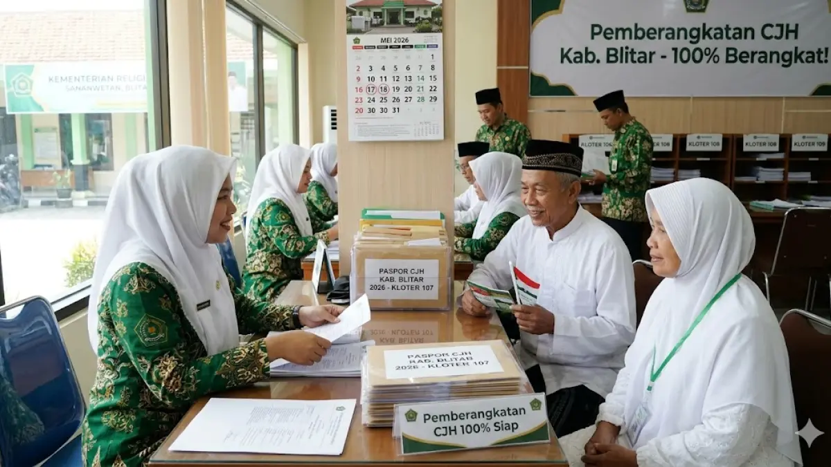 Kantor Kementerian Haji dan Umrah (Kemenhaj) Kabupaten Blitar membawa kabar menggembirakan terkait persiapan pemberangkatan calon jemaah haji (CJH) tahun ini. (Gemini AI)
