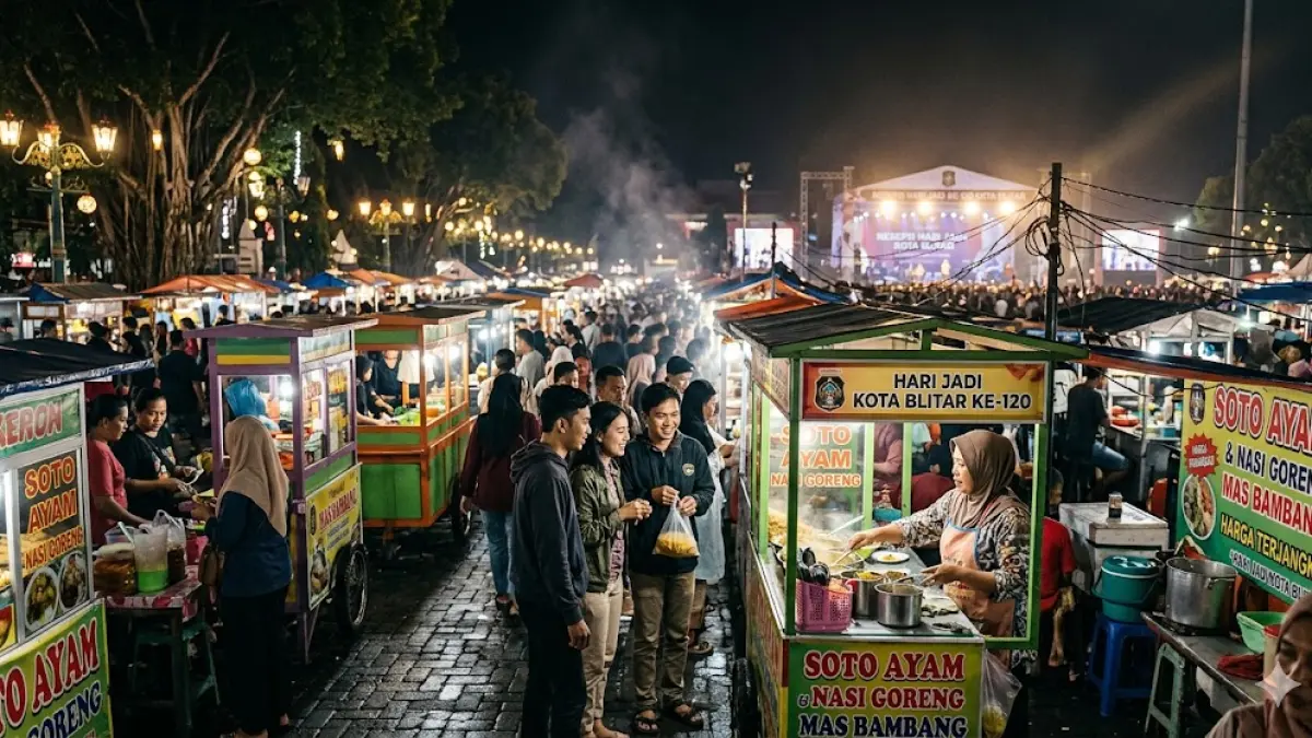 Malam puncak resepsi Hari Jadi Ke-120 Kota Blitar di Alun-Alun Kota Blitar beberapa waktu lalu berdampak pada aktivitas ekonomi pelaku usaha kecil. (Gemini AI)