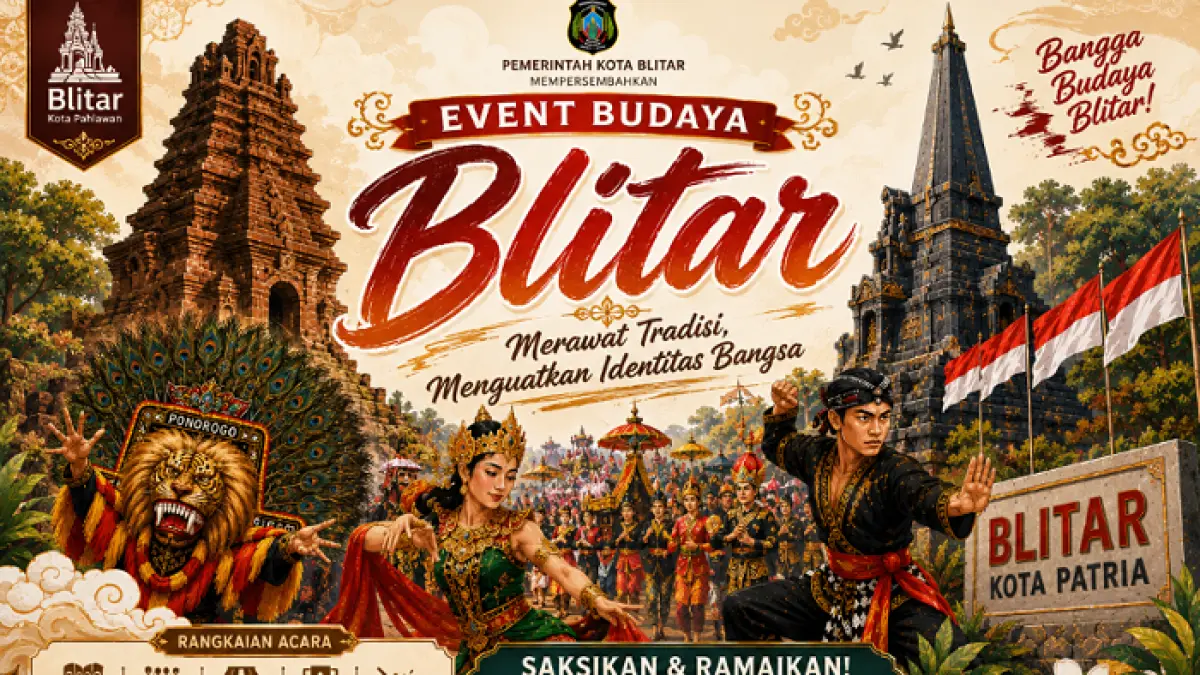 Karnaval Budaya Jatim Malang 2026 di Kota Blitar berlangsung meriah lewat kirab budaya, reog, tari tradisional, dan bersih desa.(Gemini AI)