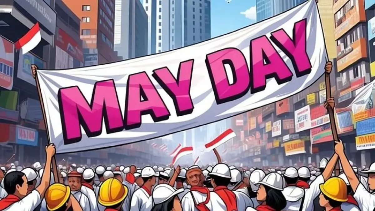 Mayday 2026 di Monas dihadiri Presiden Prabowo. KSPI bawa 11 tuntutan buruh soal PHK, ojol, hingga upah murah.(Gemini AI)