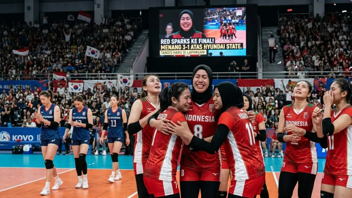 Judul Berita:
Megawati Hangestri Bawa Red Sparks ke Final usai Tumbangkan Hyundai State 3-1, Tangis Haru Pecah di Lapangan

Berita:

JAKARTA - Nama Megawati Hangestri kembali menjadi sorotan setelah berhasil membawa Red Sparks melaju ke babak final usai mengalahkan tuan rumah Hyundai State dengan skor 3-1. Kemenangan dramatis tersebut langsung memicu tangis haru para pemain di lapangan setelah pertandingan berakhir.

Megawati Hangestri tampil impresif sepanjang laga dan menjadi salah satu faktor utama kemenangan timnya. Smash keras yang dilepaskannya pada poin penentuan sukses memastikan langkah Red Sparks menuju partai final. Momen itu pun langsung viral di media sosial dan mendapat perhatian besar dari pecinta voli Indonesia maupun Korea Selatan.

Dalam video yang beredar luas, suasana emosional terlihat begitu kuat setelah poin kemenangan tercipta. Para pemain Red Sparks tampak menangis sambil saling berpelukan di tengah lapangan. Atmosfer haru semakin terasa karena kemenangan tersebut diraih di kandang lawan yang dikenal memiliki dukungan suporter fanatik.

Keberhasilan Megawati Hangestri membawa Red Sparks ke final menjadi pencapaian penting dalam perjalanan kariernya di kompetisi voli Korea Selatan. Pemain asal Indonesia tersebut sekali lagi menunjukkan kualitasnya sebagai salah satu opposite hitter paling berbahaya di liga.

Smash Megawati Hangestri Jadi Penentu Kemenangan

Pertandingan antara Red Sparks melawan Hyundai State berlangsung dalam tensi tinggi sejak awal set pertama. Kedua tim sama-sama tampil agresif demi mengamankan tiket menuju final.

Namun Red Sparks mampu tampil lebih tenang dalam momen-momen krusial. Megawati Hangestri menjadi pemain yang paling konsisten dalam memberikan tekanan kepada pertahanan lawan melalui spike keras dan akurasi serangan yang sulit dibendung.

Pada set penentuan, pertandingan berlangsung semakin menegangkan. Hyundai State sempat mencoba bangkit dengan permainan cepat dan blok rapat di depan net. Akan tetapi, Megawati kembali menunjukkan mental juara lewat smash keras yang gagal diantisipasi lawan.

Pukulan terakhir dari Mega sukses mengakhiri pertandingan dengan skor 3-1 sekaligus memastikan Red Sparks lolos ke final. Selepas poin kemenangan itu tercipta, para pemain langsung meluapkan emosi mereka.

Tangisan haru pecah di tengah lapangan. Beberapa pemain terlihat memeluk Megawati sebagai bentuk rasa syukur atas perjuangan panjang mereka sepanjang musim.

Megawati Jadi Idola Baru Pecinta Voli

Popularitas Megawati Hangestri terus meningkat sejak bergabung dengan Red Sparks. Penampilannya yang konsisten membuat pemain berjuluk “Megatron” tersebut mendapat tempat spesial di hati penggemar voli Korea Selatan.

Tidak sedikit suporter yang mengaku kagum dengan kekuatan spike dan semangat juang Mega di lapangan. Selain memiliki serangan mematikan, Mega juga dikenal mampu menjaga ketenangan saat pertandingan memasuki situasi sulit.

Keberhasilannya membawa Red Sparks ke final semakin mempertegas statusnya sebagai salah satu pemain asing terbaik musim ini. Banyak pengamat voli menilai Mega memiliki kontribusi besar dalam perubahan performa tim sepanjang kompetisi berlangsung.

Dukungan dari penggemar Indonesia pun terus mengalir deras melalui media sosial. Warganet ramai-ramai memberikan ucapan selamat dan doa agar Megawati mampu membawa timnya meraih gelar juara.

Peluang Red Sparks Raih Gelar Juara

Lolosnya Red Sparks ke babak final membuka peluang besar bagi tim tersebut untuk meraih gelar bergengsi musim ini. Performa tim yang terus meningkat membuat mereka menjadi lawan yang patut diwaspadai.

Megawati Hangestri diperkirakan akan kembali menjadi tumpuan utama dalam laga final nanti. Kemampuan menyerang dan pengalaman bertanding di bawah tekanan menjadi modal penting bagi Mega untuk menghadapi pertandingan puncak.

Selain Mega, kekompakan antar pemain Red Sparks juga menjadi kekuatan utama tim. Mereka tampil solid baik dalam bertahan maupun menyerang sehingga mampu mengatasi tekanan dari lawan-lawan kuat.

Pecinta voli Indonesia kini menantikan aksi berikutnya dari Megawati Hangestri di partai final. Banyak yang berharap pemain kebanggaan Indonesia itu mampu menutup musim dengan prestasi gemilang dan membawa Red Sparks menjadi juara.

Deskripsi:

Megawati Hangestri sukses bawa Red Sparks ke final usai kalahkan Hyundai State 3-1, tangis haru pecah di lapangan.

Tags:

Megawati Hangestri

Red Sparks

Hyundai State

Final Voli Korea

Megatron

Prompt Gambar Realistis:

Megawati Hangestri merayakan kemenangan bersama tim Red Sparks usai mengalahkan Hyundai State 3-1, suasana haru di lapangan voli indoor, beberapa pemain menangis dan berpelukan, penonton memenuhi tribun, jersey voli Korea modern, ultra realistic sports photography, cinematic lighting, emotional victory moment, high detail, dynamic composition