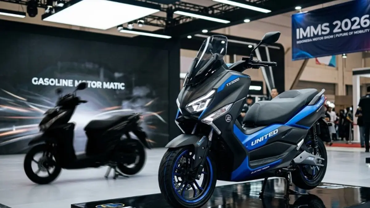 United TX3000 hadir dengan jarak tempuh 120 km, fitur lengkap, dan harga promo Rp31,9 juta di IMS 2026. (Ilustrasi Gemini AI)