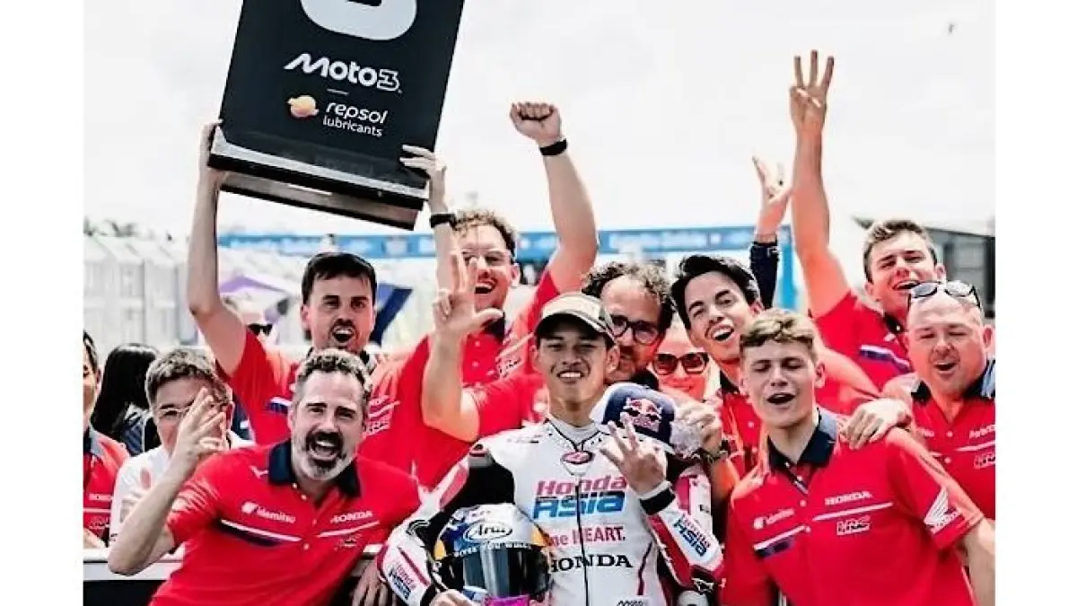 Veda Pratama cetak sejarah di Moto3 Brasil 2026 usai jadi pembalap Indonesia pertama yang naik podium Grand Prix dunia.(pinterest)