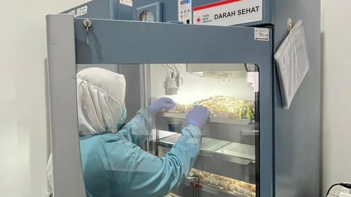 PMI KABUPATEN BLITAR UNTUK RADAR BLITAR 
STERIL: Petugas PMI menyiapkan stok darah di laboratorium penyimpanan untuk memenuhi permintaan darah.