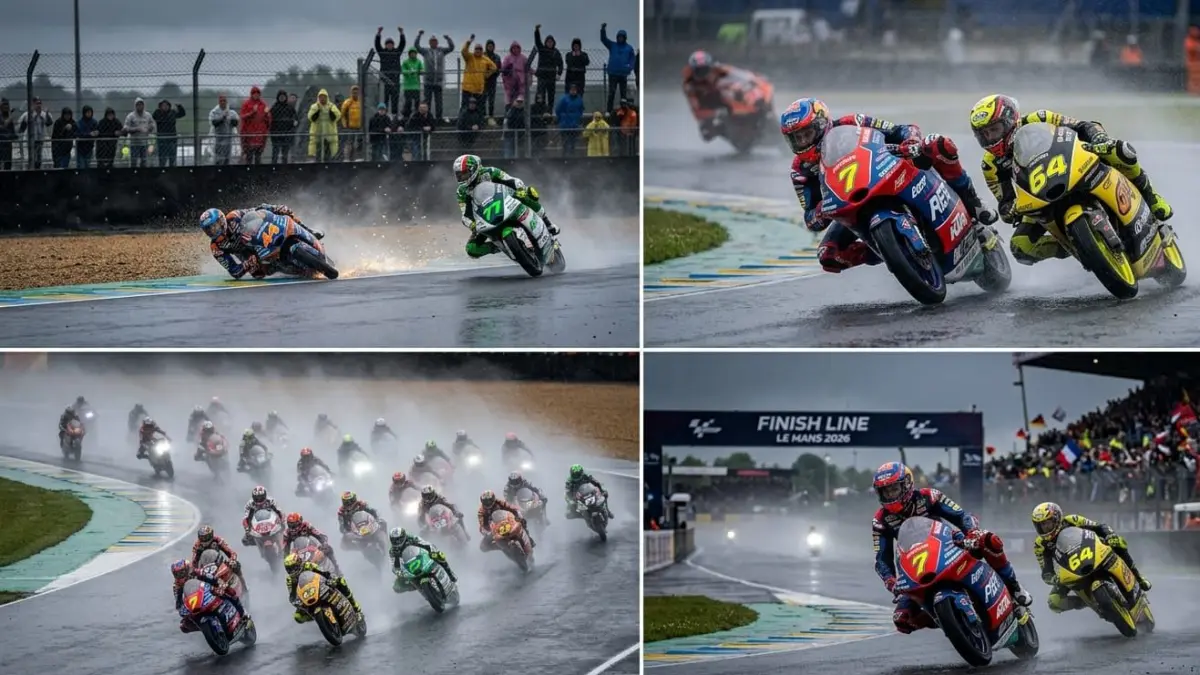 Moto3 Le Mans 2026 berlangsung dramatis dengan hujan, crash, dan duel sengit hingga lap terakhir di Prancis.