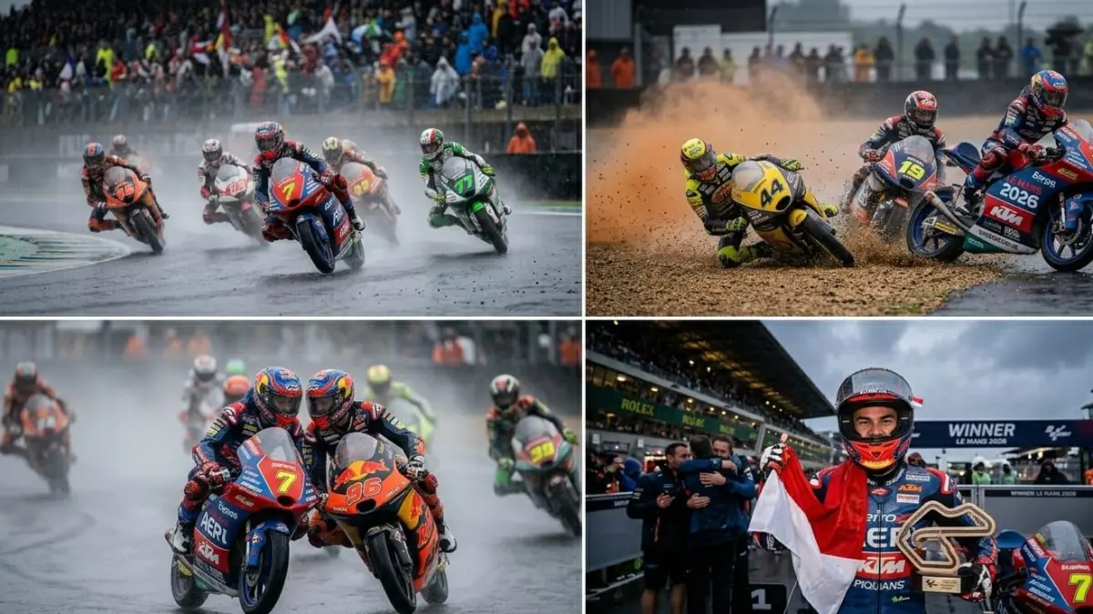 Moto3 Le Mans 2026 berlangsung dramatis dengan trek basah, crash, dan duel sengit hingga finis di Prancis.