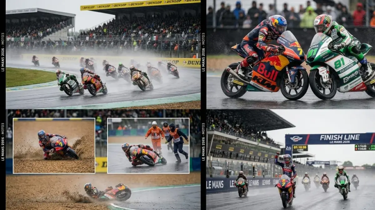 Moto3 Le Mans 2026 menghadirkan kejutan rookie muda dan duel dramatis di lintasan basah Prancis.