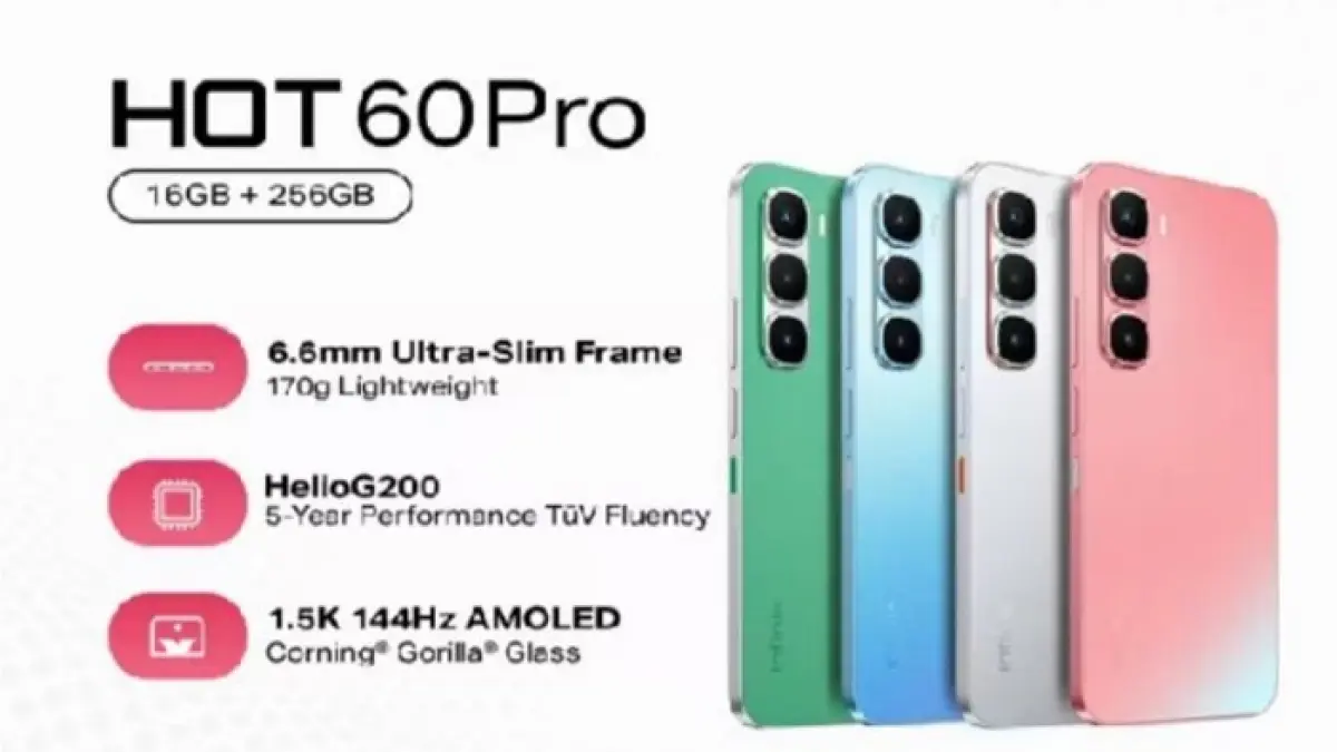  Infinix Hot 60 Pro hadir dengan bodi tipis 6,6 mm, layar AMOLED 144 Hz, Helio G200, dan baterai 5.160 mAh mulai Rp2,1 jutaan.