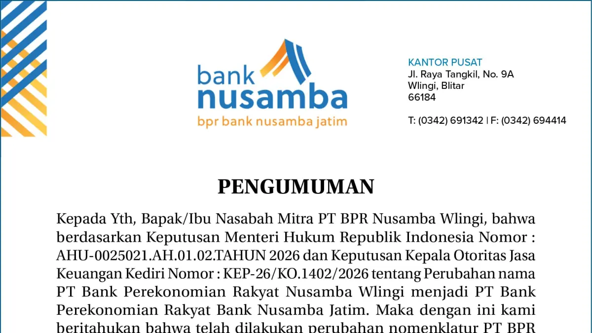 Pengumuman perubahan nama, PT BPR Bank Nusamba Wlingi menjadi PT BPR Bank Nusamba Jatim