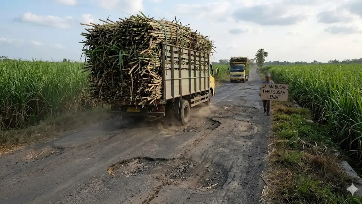 Jalan Rusak Hambat Mobilitas Hasil Panen
Di Sektor Pertanian, Salah Satunya Angkutan Tebu 
Anggaran Daerah Cekak, Minta Dukungan ke Pusat
(Gemini AI)
