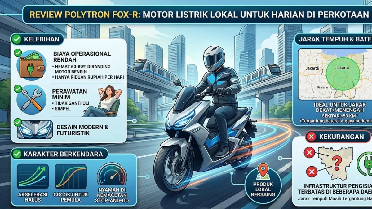 Review Polytron Fox-R ungkap kelebihan motor listrik lokal hemat biaya, desain modern, dan cocok untuk mobilitas harian di perkotaan.
