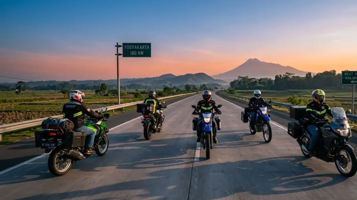 Touring Jakarta Jogja jadi tren road trip 560 km dengan rute Trans Jawa, biaya hemat, dan tantangan perjalanan motor jarak jauh.