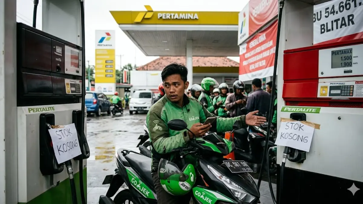 Driver Ojol Khawatir Kelangkaan Pertalite (Gemini AI)