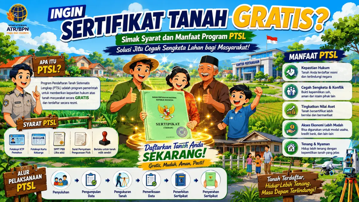 Dapatkan sertifikat tanah gratis melalui program PTSL. Simak syarat mudah dan manfaat besarnya untuk menjamin kepastian hukum tanah Anda sekarang!