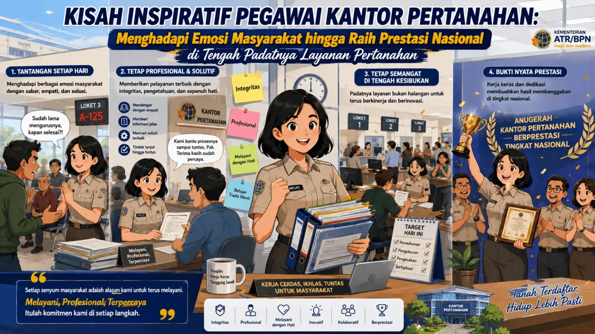Kisah pegawai Kantor Pertanahan dalam menghadapi dinamika layanan pertanahan, mulai dari tantangan emosi masyarakat hingga meraih prestasi nasional.