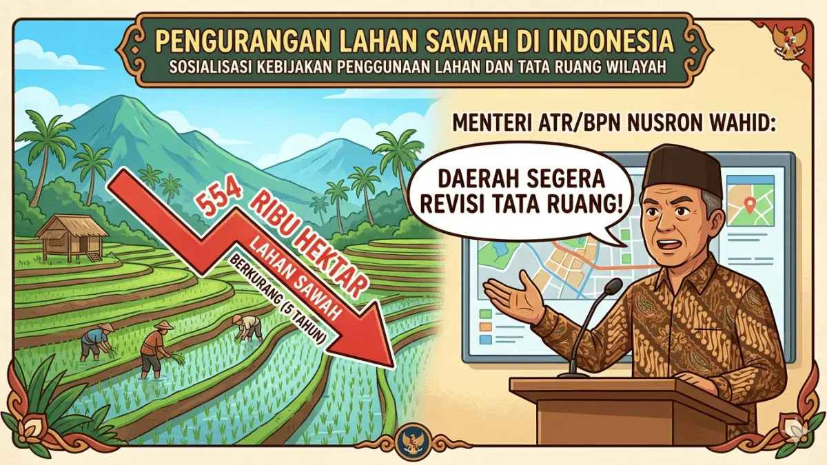 Lahan sawah Indonesia hilang 554 ribu hektar dalam lima tahun. Menteri ATR/BPN minta daerah segera revisi tata ruang.