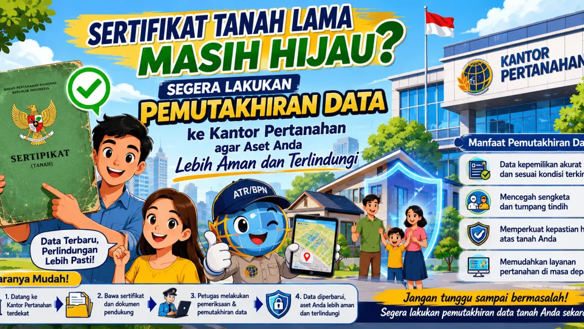 Segera lakukan pemutakhiran data sertifikat lama di kantor BPN. Amankan aset tanah Anda dan cegah sengketa dengan sistem digital yang lebih valid.